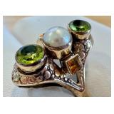 Sterling Silver Ring with Pearl and Peridot Gemstones