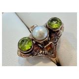 Sterling Silver Ring with Pearl and Peridot Gemstones