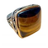 Vintage Tiger Eye Cabochon Ring with Intricate Brass Design