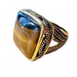 Vintage Tiger Eye Cabochon Ring with Intricate Brass Design
