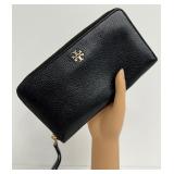Tory Burch Zip Around Black Textured Leather Wallet with Gold Hardware