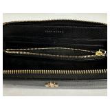 Tory Burch Zip Around Black Textured Leather Wallet with Gold Hardware