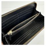 Tory Burch Zip Around Black Textured Leather Wallet with Gold Hardware