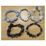 Set of 5 Beaded Bracelets in Blue, White, and Black Tones