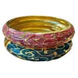 Set of 2 Cloisonné Style Bangles in Pink and Blue with Gold Accents