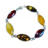 Sterling Silver Baltic Amber Bracelet with Multicolor Gemstones - 7 Inches