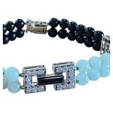 8" JOY Sterling Silver 925 Black and White Beaded Bracelet with Rhinestone Accents