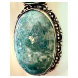 Sterling Silver Moss Agate Pendant with Green Gem
