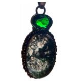 Sterling Silver Moss Agate Pendant with Green Gem