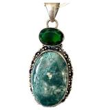 Sterling Silver Moss Agate Pendant with Green Gem