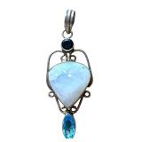 Rainbow Moonstone Pendant with Blue Gemstones