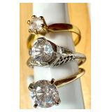 Set of 3 Elegant Diamond Simulant Rings in 14 Gold & Silver Plate Settings