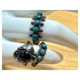Set of 3 Vintage Sterling Silver Rings with Turquoise and Onyx Stones