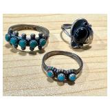 Set of 3 Vintage Sterling Silver Rings with Turquoise and Onyx Stones