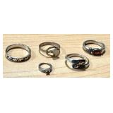 Set of 5 Sterling Silver Rings with Various Designs and Gemstones