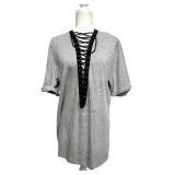 Emma & Sam Lace-Up Grey Short Sleeve Top Size S- NWT