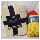 6 Pairs New Yellow Fleece Gloves and Chenille Throw Blanket