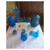 Lot of Blue Glass Vases, Carnival Glass & Blue Birds