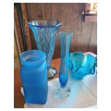 Lot of Blue Glass Vases, Carnival Glass & Blue Birds