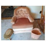 Peach Upholstered Chair w/ Stool & Basket