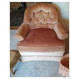 Peach Upholstered Chair w/ Stool & Basket