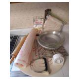 Pastry Lot: Pie Pans, Pins, Pastry Board & Cloth, Etc