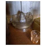Shelf w/ Vintage Lemon Squeezer, Pyrex Measuring Cups, Etc