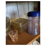 Shelf w/ Vintage Lemon Squeezer, Pyrex Measuring Cups, Etc