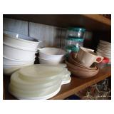 Shelf w/ Pfaltzgraff Cereal Bowls, Pyrex w/ Lids & More