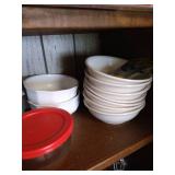 Shelf w/ Pfaltzgraff Cereal Bowls, Pyrex w/ Lids & More
