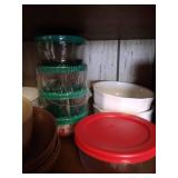 Shelf w/ Pfaltzgraff Cereal Bowls, Pyrex w/ Lids & More