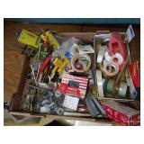 Flat of Hardware, Tapes, Hand Tools, Etc