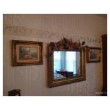 Two Framed Marty Bell Paintings & Gold Mirror