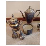 Silver Plate Tea Pots, Cream & Sugar, Trays, Etc