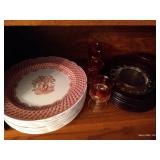Ruby Thumbprint Tiffin Glass Plates; Goblets; China Dinner Plates