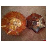 Frosted Grape Leaf Fluted Bowl & Footed Rose Carnival Glass