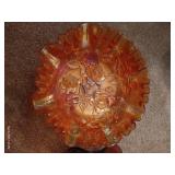 Frosted Grape Leaf Fluted Bowl & Footed Rose Carnival Glass