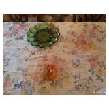 Colored Glass Lot: Pink Cake Stand, Peach Serving Tray & Green Deviled Egg Plate