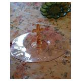 Colored Glass Lot: Pink Cake Stand, Peach Serving Tray & Green Deviled Egg Plate