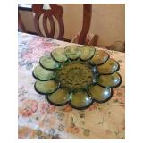 Colored Glass Lot: Pink Cake Stand, Peach Serving Tray & Green Deviled Egg Plate