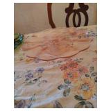 Colored Glass Lot: Pink Cake Stand, Peach Serving Tray & Green Deviled Egg Plate