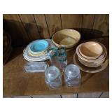 Vintage Dish Lot - Wooden Bowls, Keller Bowl, Etc