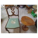 Vintage Wooden Chair With Needlepoint Seat & Small Hand-Made Wood Table