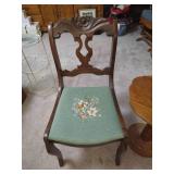 Vintage Wooden Chair With Needlepoint Seat & Small Hand-Made Wood Table