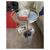 Brass & Glass Table With Contents - Vintage Wallets & Religious Jewelry