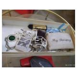 Brass & Glass Table With Contents - Vintage Wallets & Religious Jewelry