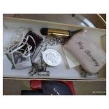 Brass & Glass Table With Contents - Vintage Wallets & Religious Jewelry