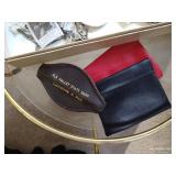 Brass & Glass Table With Contents - Vintage Wallets & Religious Jewelry