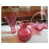 Vintage Pink Glass Vases & Basket