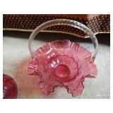 Vintage Pink Glass Vases & Basket